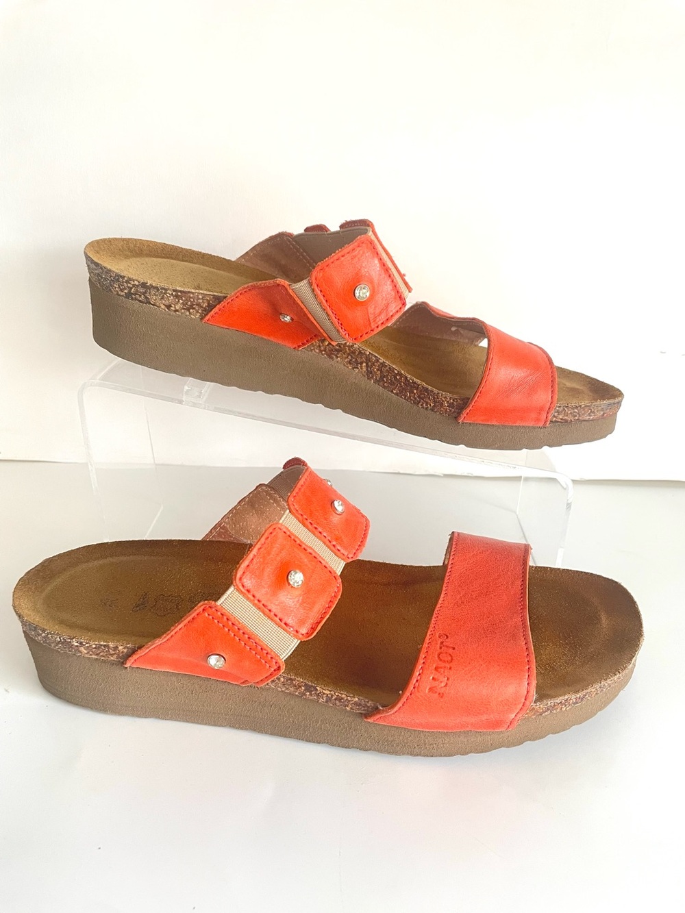 Naot Ashley slide sandals orange leather, rhinestone,cork, latex footbed.